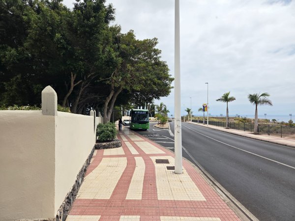 Ein TITSA-Bus hält an der Straße in der Nähe der Küste, flankiert von Palmen und einem Gehweg mit Blick auf das Meer.